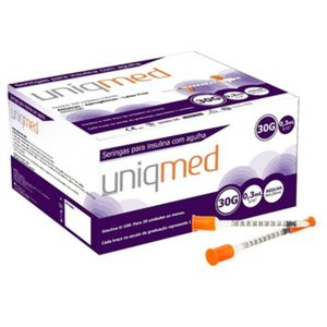 Seringas p/ Insulina c/ Agulha 30G 0,3ml 8mm - Uniqmed - Caixa c/ 100 Unidades