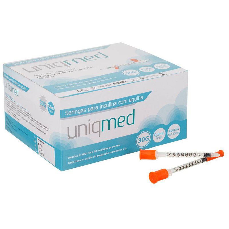 Seringas-p--Insulina-c--Agulha-30G-05ml-8mm---Uniqmed---Caixa-c--100-Unidades-Center-Medical