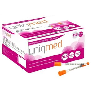 Seringas p/ Insulina c/ Agulha 31G 0,3ml 6mm - Uniqmed - Caixa c/ 100 Unidades